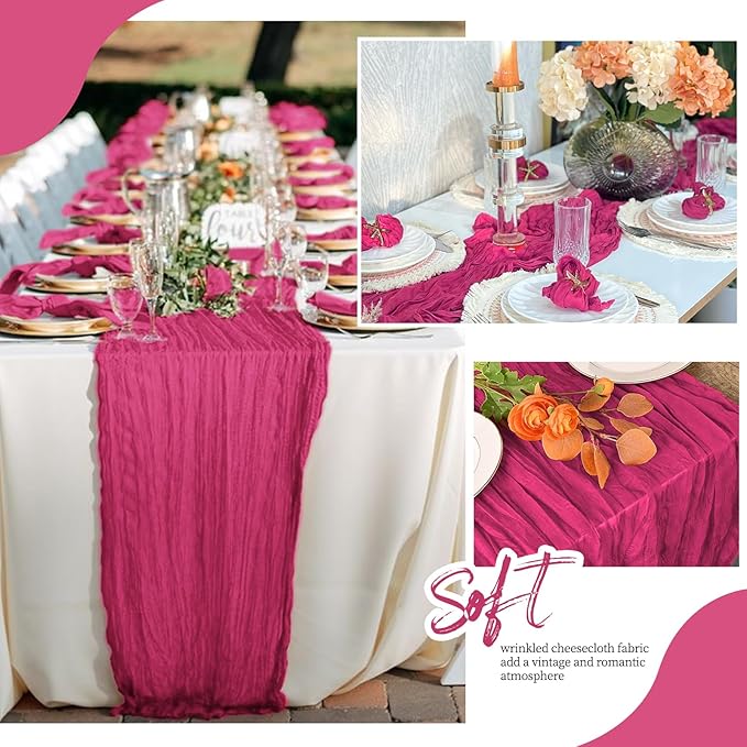 6 Pack Hot Pink Cheesecloth Table Runner 17x108 Inch Semi Sheer Boho Gauze Cheese Cloth Fabric Table Runners, for Wedding Party Baby Shower Birthday Home Decor Garden Farmhouse