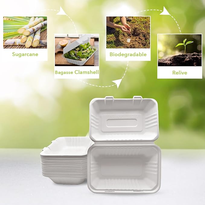three leaf 9" X 6" 1 COMPARTMENT BAGASSE CLAMSHELL, 50 Ct. Heavy-Duty- Super Strong- Natural- Eco-Friendly Disposable Bagasse Clamshell, 100% Biodegradable 9 x 6 inch clamshell