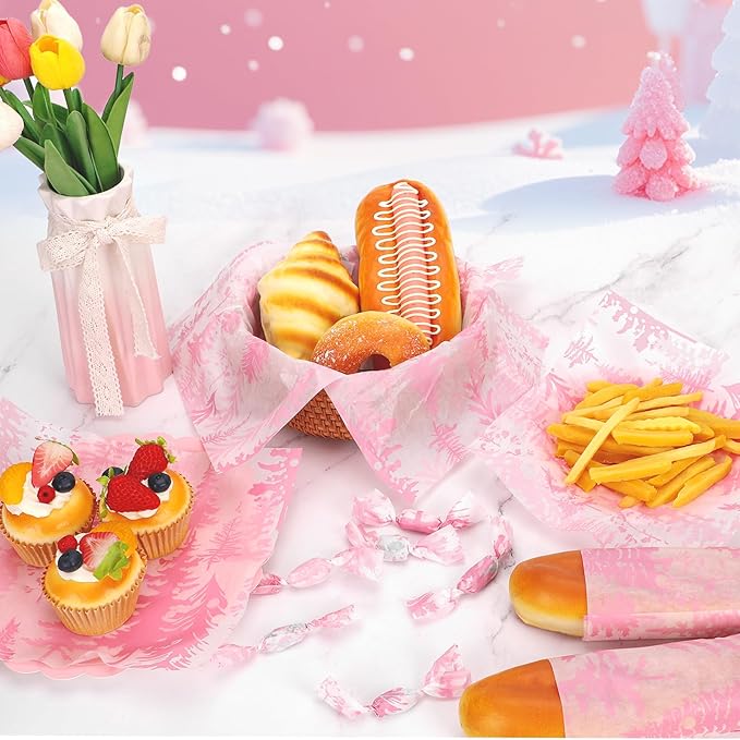 150Pcs Christmas Tree Deli Paper, 9.8 x 8.3'' Forest Grease Proof Food Deli Sheets, Resistant Sandwich Wrap Liners Greaseproof Food Wax Paper for Xmas Winter Party Supplies (Pink)