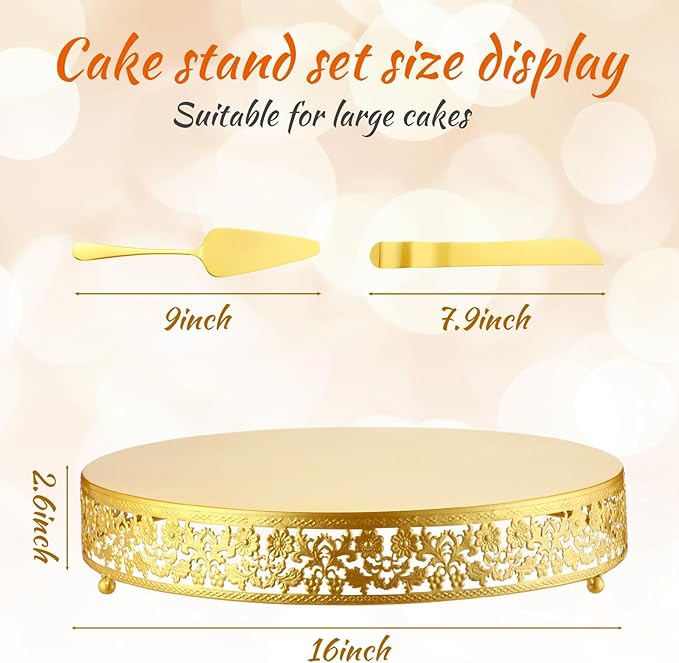 Wenqik 16 Inch Cake Stand Set Gold Wedding Cake Dessert Round Stand with Cakes Cutting & Spatula Candy Table Display for Party Wedding Birthday Baby Shower Housewarming Anniversary Celebration