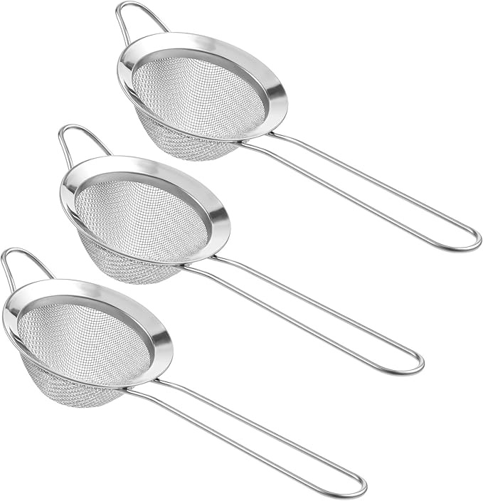 3 Pieces Small Strainer Fine Mesh Tea Strainers for Kitchen Small Stainless Steel Sieves Food Strainer with Handles Colander Conical Food Loose Sieve Filter Sifter Riddle for Cocktails Tea Coffee
