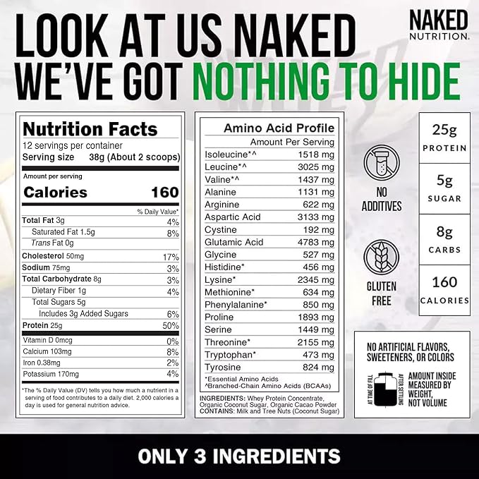 NAKED Chocolate Whey 1LB - All Natural Grass Fed Whey Protein Powder, Organic Cacao, and Coconut Sugar - No GMO, No Soy, and Gluten Free, Aid Growth and Recovery - 12 Servings