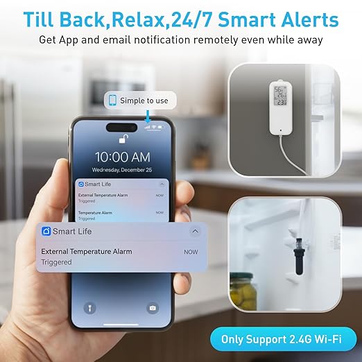 Daytech Freezer Thermometer with Room Thermometer and Freezer Alarm 2in1 WiFi Temperature Sensor with App and Email Alerts for Fridge Fish Tank Pet Cage Wine Cellar Greenhouse 1 Pack (No Hub Required)