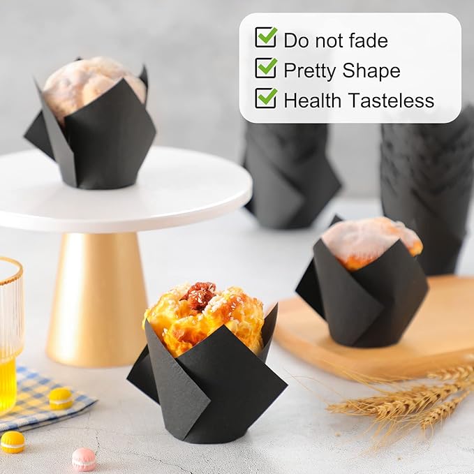 Jutom 200 Pack Tulip Cupcake Liners Paper Baking Cups Greaseproof Muffin Liners Grease Resistant Cupcake Wrappers for Weddings Birthday Cake Balls Muffins Candy Jelly Party(Black)