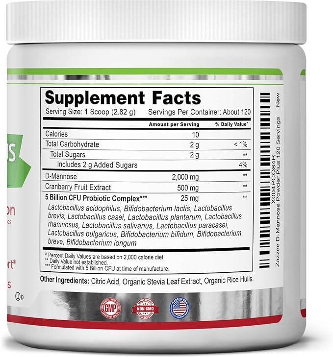 Zazzee D-Mannose Powder Plus, 2000 mg, 120 Servings, Potent & Fast-Acting, Plus 5 Billion CFU Probiotics and Pure Cranberry Juice Extract, Kosher, Free Scoop, 11.94 Oz, Gluten-Free, Non-GMO