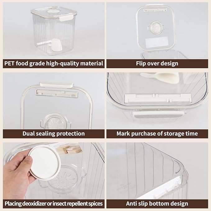 22 Lbs Plastic Clear Rice Airtight Dry Food Storage Containers with Flip Lid, Large Food Storage Airtight Pantry Containers