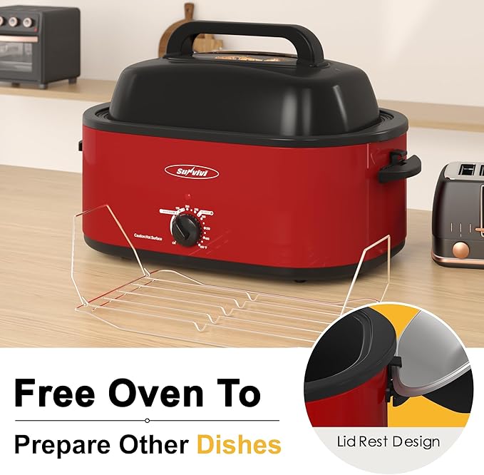 Sunvivi 26 Quart Electric Roaster Oven Turkey Roaster with Lid Electric Roasters with Removable Pan Large Roaster,Visible & Self-basting Lid, Fast Heating & Thaw/warming Setting,Red