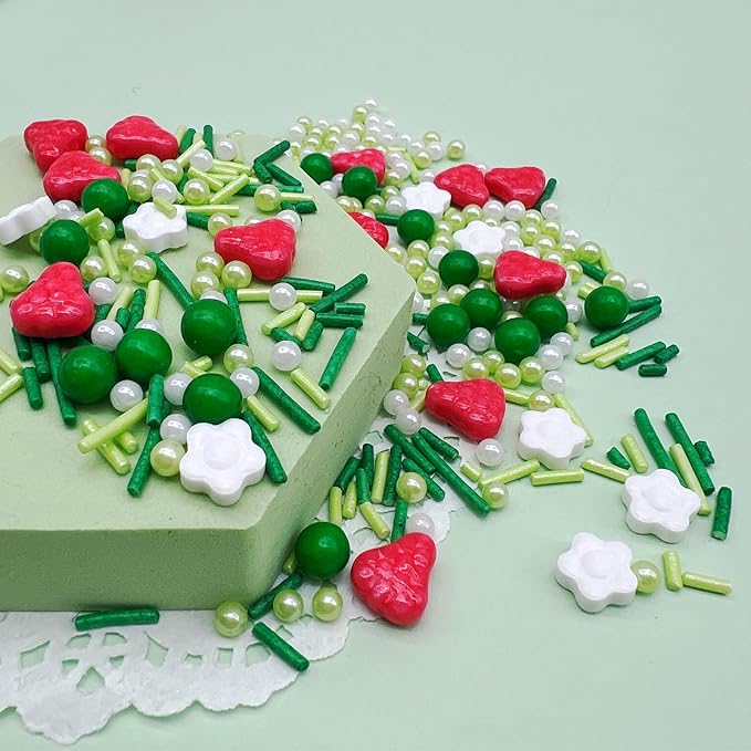 Green Sprinkles for Cake Decorating, Spring Sprinkles Mix with Strawberry Pearl Jimmies Flower for Ice Cream Cupcakes Baking Cookies Cake Topping