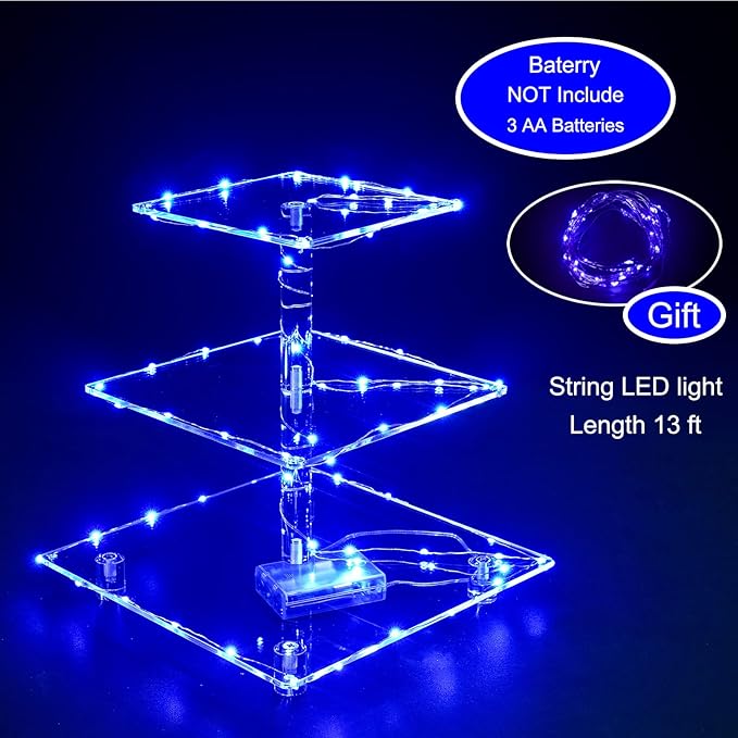 Cupcake Stand, 3-Tier Square Cupcake Holder with LED light String, Acrylic Cupcake Tower Display-Dessert Tower-Pastry Stand-Cupcake Tier Stand for Wedding, Birthday party ( Blue Light)