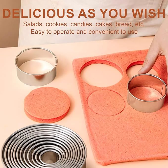 8Pcs Round Cookie Cutter Set,6 Stainless Circle Cookie Cutter(2/3/3.5/4/5/6 Inch) with Hard Flexible Plastic Dough Scrapers and 10 Piping Bags, Biscuit Cutters for Baking Cookies, Pastries and Donuts
