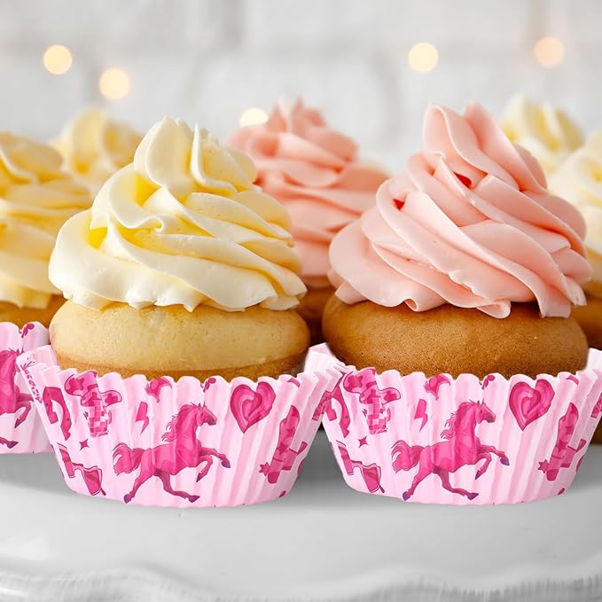 300 Pcs Western Cowgirl Cupcake Liner Paper Baking Cups Pink Horse Disco Ball Muffin Liner Cake Storage Container for Rodeo Bachelorette Party Birthday DIY Crafts Supplies, 2 x 1.2 Inch