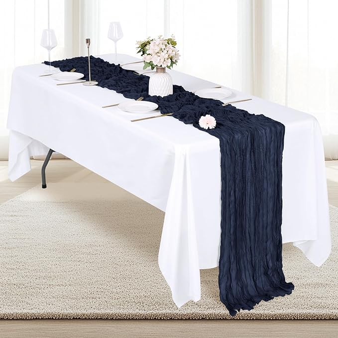 6 Pack Navy Blue Cheesecloth Table Runner 17x108 Inch Semi Sheer Boho Gauze Cheese Cloth Fabric Table Runners, for Wedding Party Baby Shower Birthday Home Decor Garden Farmhouse