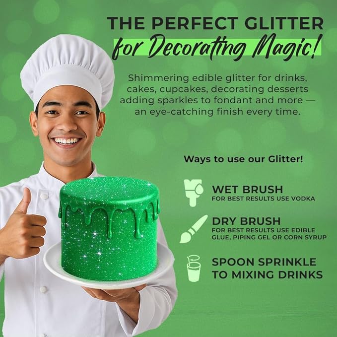 Halloween Green Edible Glitter for Drinks Bulk 20g | Premium Edible Glitter for Cakes, Cocktails, Light Green Cake Decorating Decorations Food Grade, Vegan, Kosher, Halal, Gluten Free - Made in USA