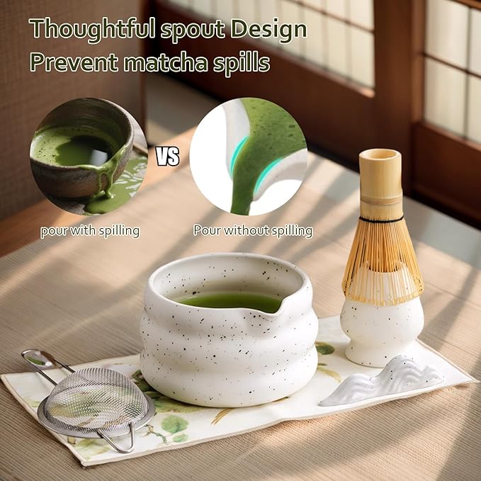 cjc 7-Pcs Matcha Whisk Set, Matcha Set for Beginner-18oz Ceramic Matcha Bowl with Spout, Bamboo Whisk and Holder, Scoop, Sifter ect.– Ceremony Matchas Powder Kit Complete Gift for Matcha Lover (White）
