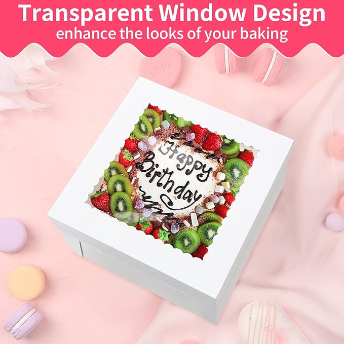 WINKIO 10x10x8 inch Cake Boxes, 4 Pack with Window, White Disposable Bakery Boxes for Cakes, Cookies, Pies, Cupcakes, Pastries