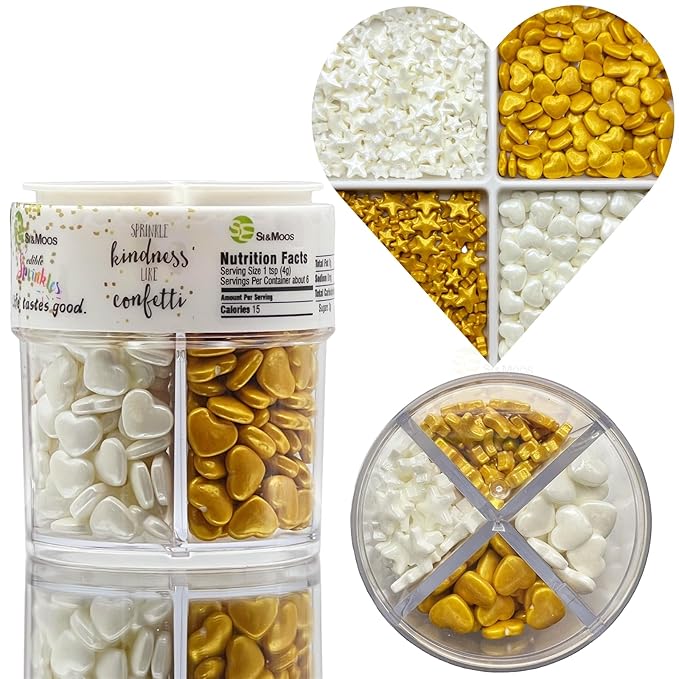 SE Si&Moos White and Gold Star Candy Gold and White Heart Sprinkles Edible Stars Star and Heart Candy Decorations Valentine Sprinkles for Cakes, Cupcakes, Cookies, Shower Party Birthday Holiday Supplies 3.5 OZ