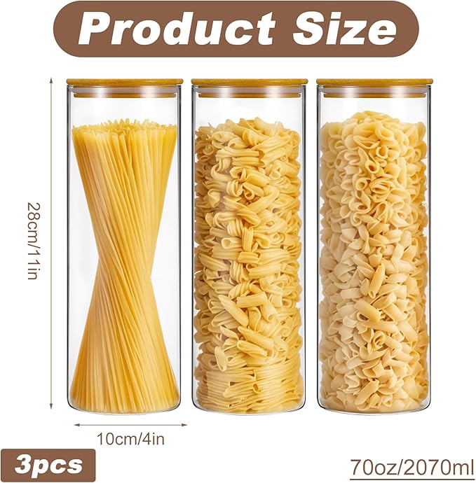 Set of 3 Glass Food Storage Jars,70oz Large Food Containers with Airtight Bamboo Wooden Lids for Pasta, Nuts, Flour, Glass Canisters for Kitchen, Pantry Organization and Storage, BPA Free