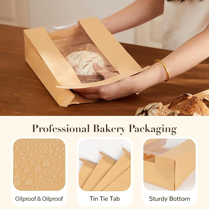100 Pack Paper Bread Bags with Tabs for Homemade Sourdough, Large Bakery Bags with Window for Sourdough Boule, Bread Loaves, Bagels, Pastries, Baguettes (8.3x3.5×13 Inches)