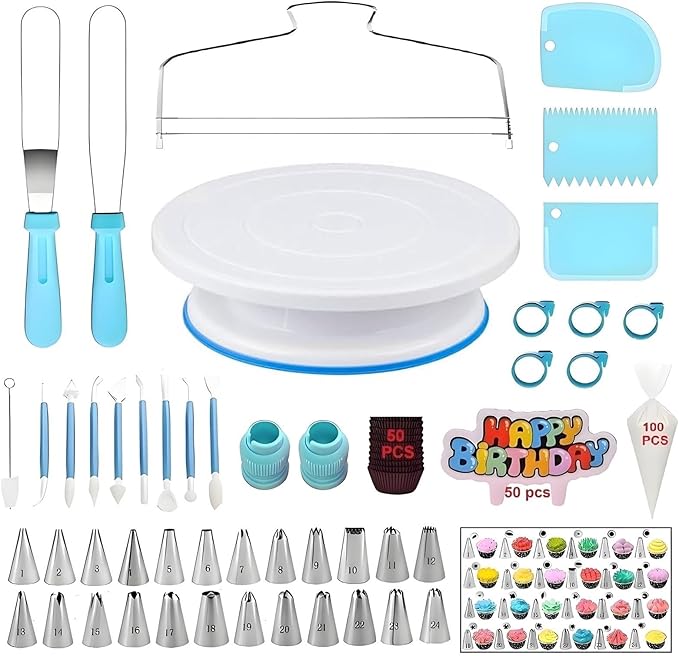 248 Pcs Cake Decorating Kit with Cake Turntable,Cake Leveler,24 Numbered Icing Piping Tips,2 Spatulas,3 Comb Scrapers,5 Bag Ties,8 Carved Pens,100 Pastry Bags,50 Cupcake Liners,50 Cake Flags