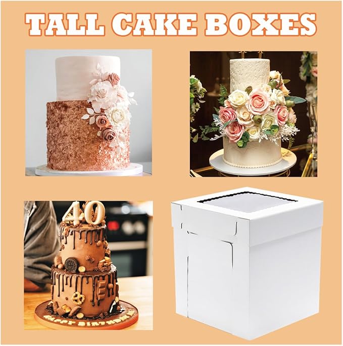 JJO Tall Cake Boxes for Tier Cakes, 3 Pack 12x12x12 Inch,White Cake Boxes with Window,Sturdy Tall Cake Carrier, Disposable Cake Containers