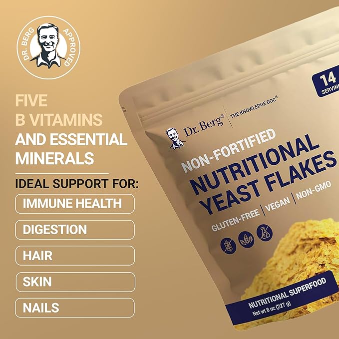 Dr. Berg Premium Nutritional Yeast Flakes - Delicious Non-Fortified Nutritional Yeast with Naturally Occurring B Vitamins - 8oz