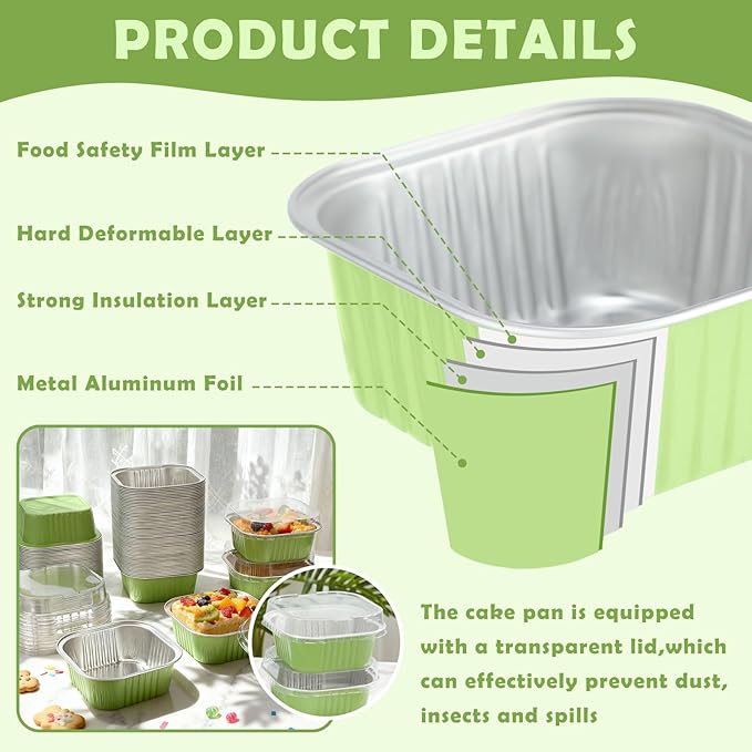 Aoriher 150 Pieces 10 oz Mini Cake Pans with Lids Aluminum Foil Baking Cups Square Disposable 4" x 4" Large Cupcake Cups Baking Tins for Kitchen Brownie Pudding Desserts Holders(Light Green)
