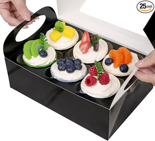 25 Black Cupcake Boxes, Mother's Day Cupcake Boxes 6 Count with Window and Inserts, Cupcake Holders for Cupcakes, Muffins, Cookies