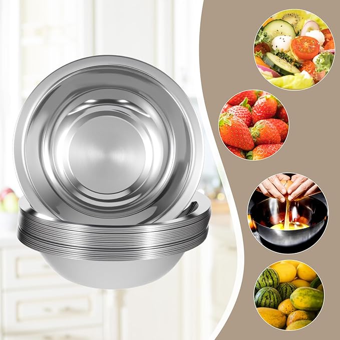 20 Pcs Small Stainless Steel Bowls, 6.4 Inch Wide Metal Mixing Bowl with Flat Base, 3/4 Quart Nesting Prep Salad Bowls Bulk for Kitchen Cooking Baking Serving