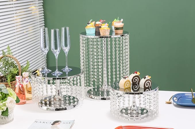 LANLONG Silver Metal Cake Stand for Set of 3, 12in Round Wedding Cupcake Holder for Table, Dessert Cupcake Pedestal Display Plate for Party Wedding Anniversary Baby Shower