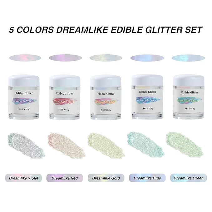 Edible Glitter 5 Colors Set,SkyVue Edible Luster Dust Iridescent Vegan Gluten Nut Free Rainbow Drink Shimmer Food Grade Metallic Powder for Cake,Cocktails Champagne Beverages Decoration - 3g/Bottle