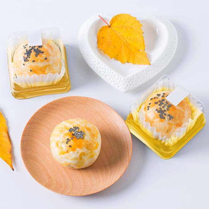UPKOCH 50pcs Plastic Mini Cake Box, Square Moon cake Dome Cake Boxes, Golden Christmas Festival Wedding Birthday Packing Box, Size S, 2.16x1.85x1.57 inches