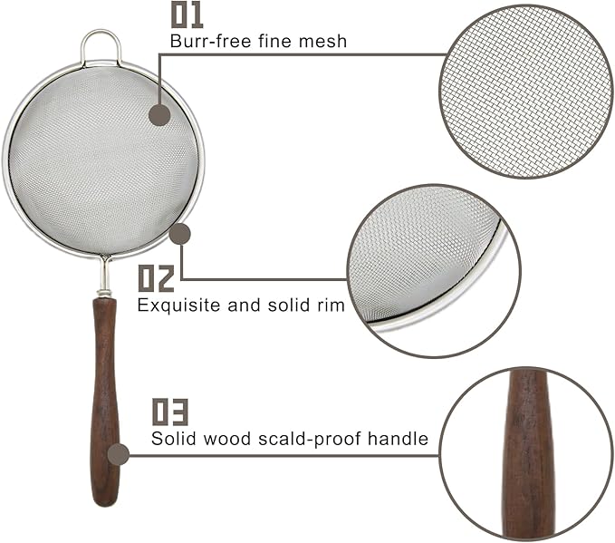 3 Set Mesh Strainer for Kitchen, Colander Skimmer 304 Stainless Steel with Wooden Handle, Sieve Sifters for Food, Tea, Rice, Oil, Noodles, Fruits, Vegetable