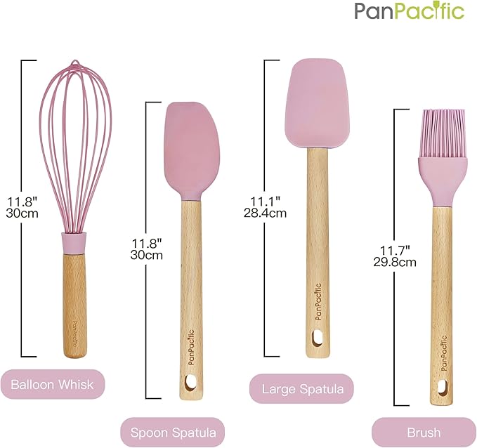 Panpacific 12" Silicone Spatula Set for Nonstick Cookware - Heat Resistant With Scraper/Brush/Whisk, Wooden Handle Baking Utensil Set, 4 Piece (Cherry Pink)