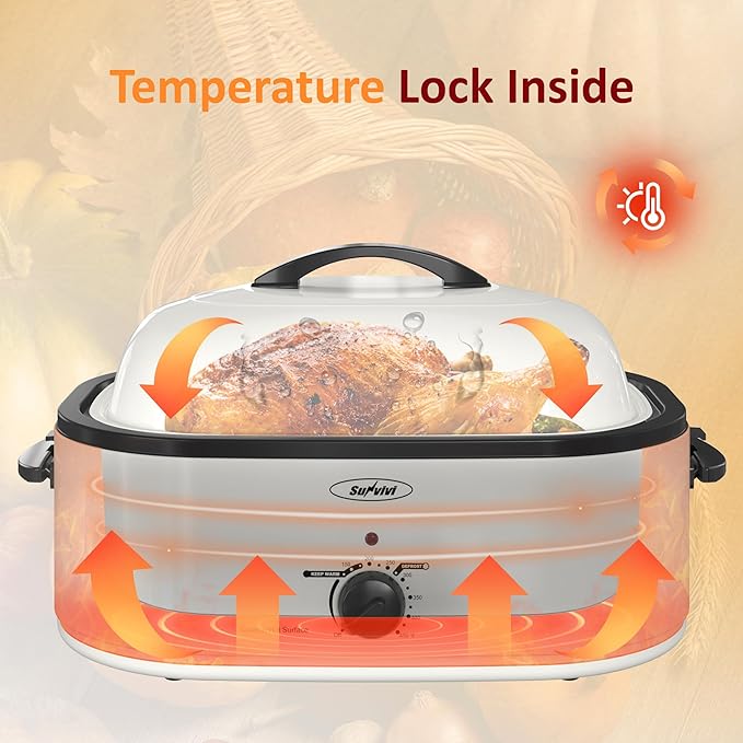 Sunvivi Electric Roaster,20 Quart Roasting Oven with Self-Basting Lid Removable Pan,Turkey Roaster Oven with 150 to 450F Temperature Control Cool-Touch Handles,White