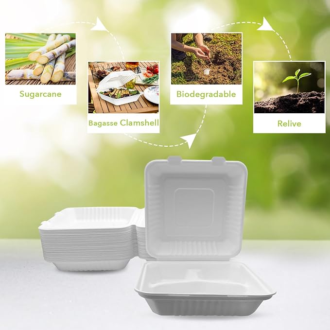 three leaf 9" X 9" 3 COMPARTMENT BAGASSE CLAMSHELL, 200 Ct. Heavy-Duty- Super Strong- Natural- Eco-Friendly Disposable Bagasse Clamshell, 100% Biodegradable 9 inch clamshell