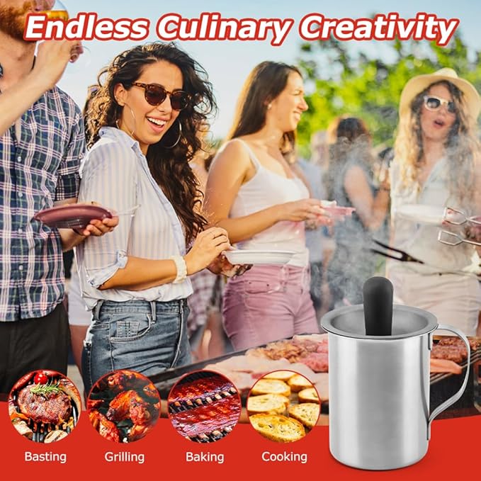 BBQ Sauce Pot and Basting Brush Set, BBQ Sauce Container Cooking Gifts, Meat Baster Set, Barbecue Gadgets Grill Accessories, Silicone Basting Brush for Cooking(COLOR:Silver)