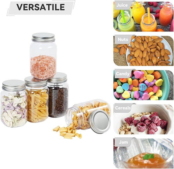 novelinks 16 oz Clear Plastic Mason Jars with Silver Lids – Reusable Food Storage Containers with Lids, BPA-Free, Leakproof, Empty Jars for Pantry, Kitchen, DIY Crafts – 8 Pack