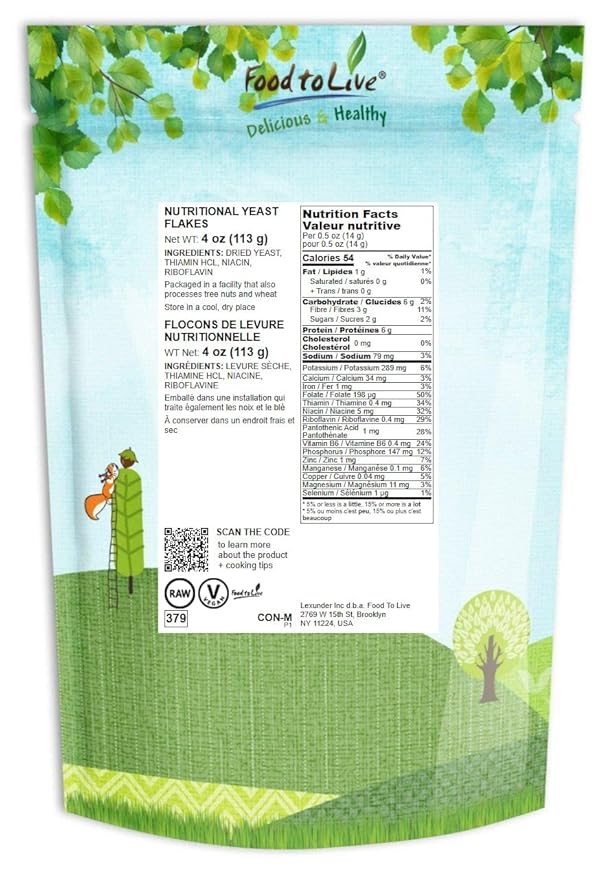 Food to Live Nutritional Yeast Flakes, 4 Ounces Fortified Large Flakes, Inactive, Unsweetened, Vegan Thickener, Bulk. Good Source of Protein & Vitamins. Perfect for Baking, Vegan Cheese and Sauces