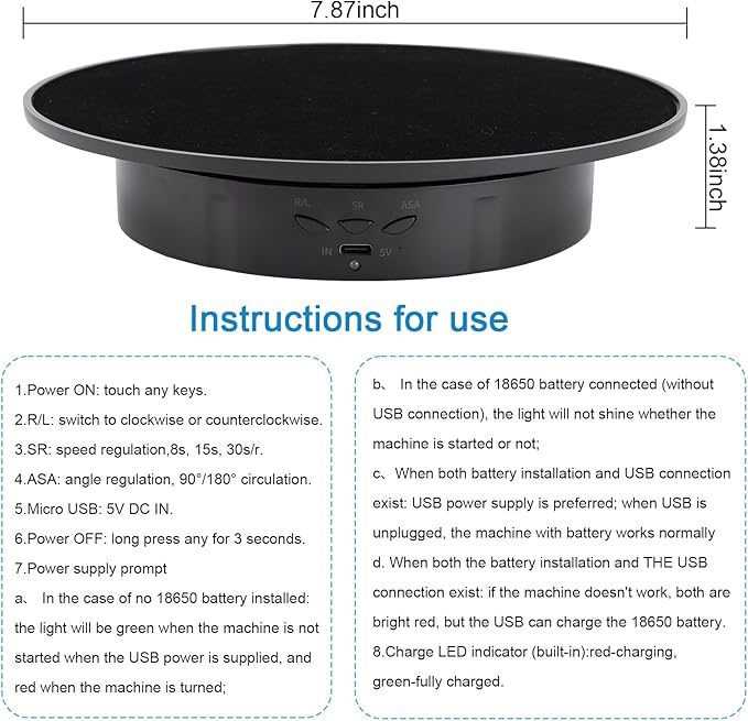 Motorized Rotating Display Stand, 360 Degree Electric Rotating Turntable with Velvet Top, 7.87inch /17.6lbs Load Automatic Mute Lazy Susan for Photography Products Jewelry 3D Model, Black Stand