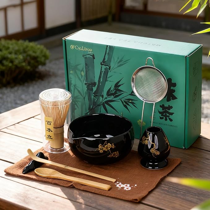 Matcha Whisk Set, Complete 8 Pcs Matcha Kit for Japanese Tea Ceremony, Ceramic Bowl with Spout, Bamboo Whisk, Spoon, Scoop, Sifter, Christmas Gift for Beginners and Matcha Lovers(Black)