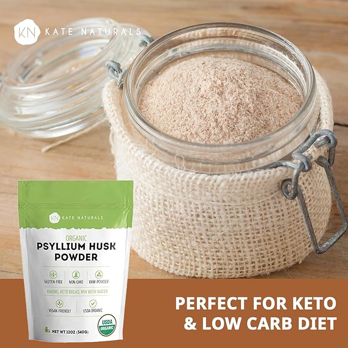 Kate Naturals Psyllium Husk Powder for Fiber, Digestion & Baking Bread. Mixes Easily with Juice & Smoothies (12oz, Organic, Gluten Free, Fine Ground)