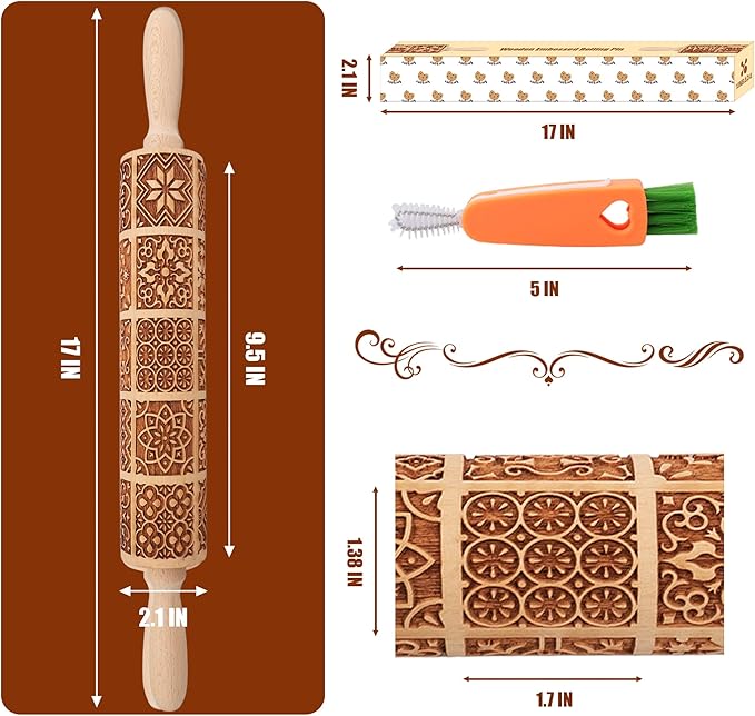 17" Premium Wooden Rolling Pins for Baking with European Embossed Designs | 3mm Deep Springerle Cookie Molds | Christmas Rolling Pin & Baking Gifts for Women | Includes 3-in-1 Cleaning Brush