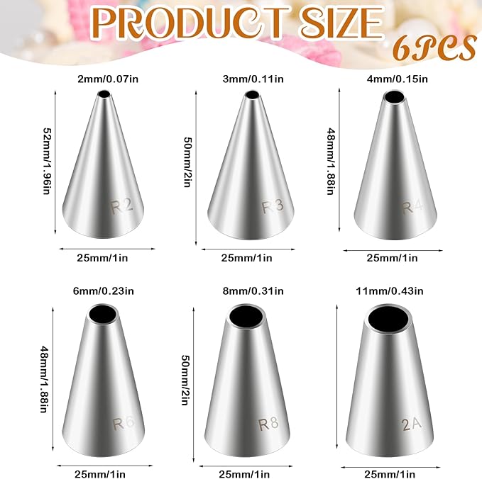 6pcs Cake Piping Tips, Cake Decorating Supplies Piping Tips, Piping Nozzles Decorating Tips, Baking Tools For Buttercream, Icing, Birthday Cake, Cupcake, DIY Art(2mm,3mm,4mm,6mm,8mm)