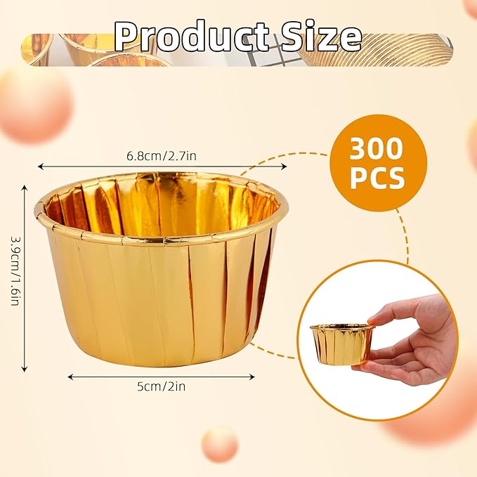 300 Pack Gold Cupcake Baking Cups,3.5 Oz Disposable Foil Muffin Liners,Mini Metallic Foil Cupcake Liners for Baking,Aluminum Ramekin Holders Cups for Birthday Party,Wedding,Festival Supply