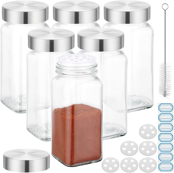 Segarty 4oz Spices Jars with Stainless Steel Shaker Lids, 6 Pack 120ml Square Spice Containers, Empty Glass Seasoning Organizers for Spices Storage, Small Salt and Pepper Shakers, 7 Stickers, 1 Brush
