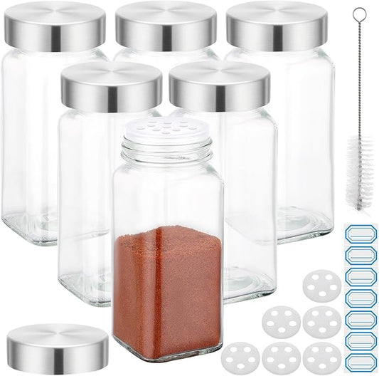 Segarty 4oz Spices Jars with Stainless Steel Shaker Lids, 6 Pack 120ml Square Spice Containers, Empty Glass Seasoning Organizers for Spices Storage, Small Salt and Pepper Shakers, 7 Stickers, 1 Brush