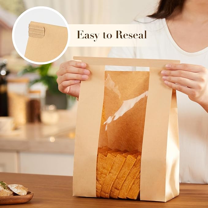 50 Pack Paper Bread Bags with Tabs for Homemade Sourdough, Large Bakery Bags with Window for Sourdough Boule, Bread Loaves, Bagels, Pastries, Baguettes (8.3x3.5×13 Inches)