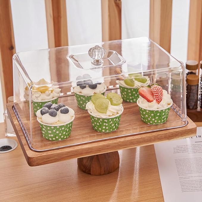 Cake Stand with Lid, 13″ Rectangular Multi-Functional Cake Holder, Acacia Solid Wood 2-in-1 Dessert Table Display Set, Charcuterie Board for Cheese ,Fruit Platter, Large Acrylic Cake Dome Cover