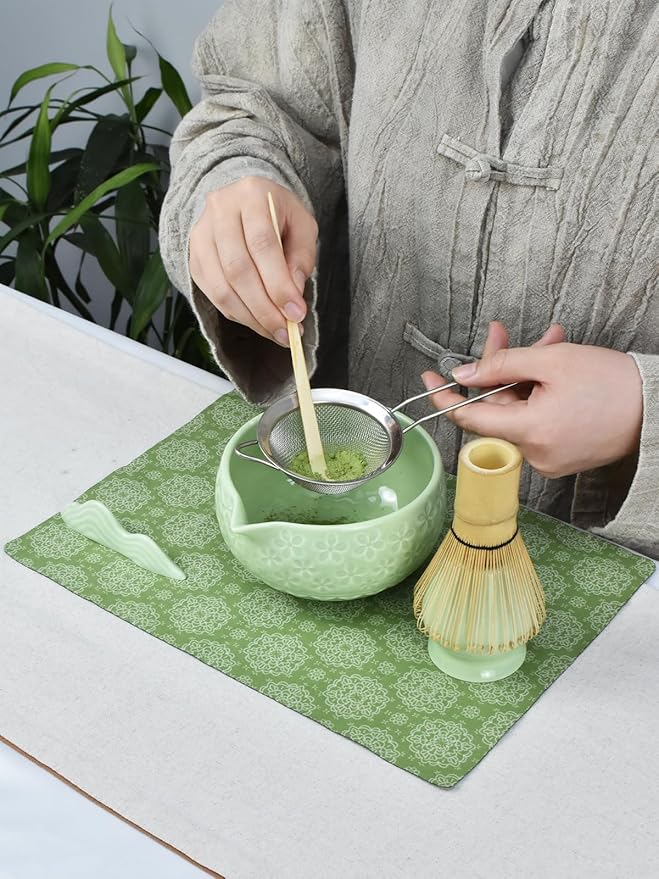 Artcome Matcha Tea Set – Green Sakura Embossed Ceramic Bowl 17oz with Bamboo Whisk, Whisk Holder, Strainer, Scoop, Tea Spoon, Cloth – Traditional Japanese Matcha Kit for Daily Use & Gift Giving