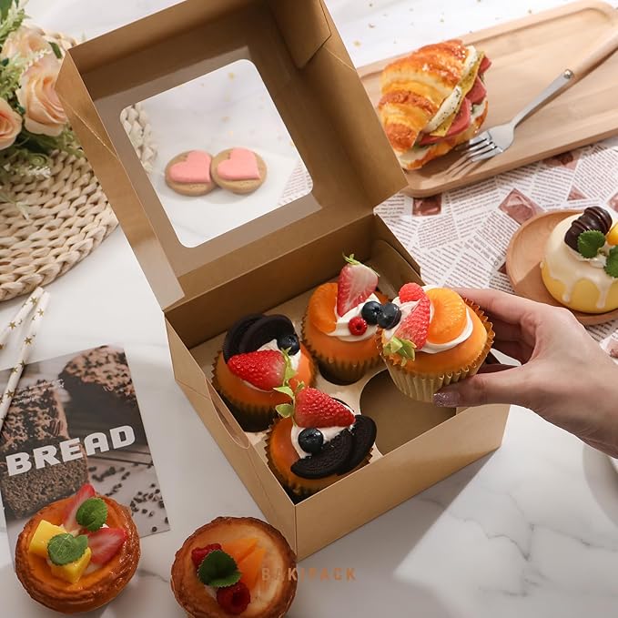 25 Kraft Cupcake Boxes, 4 Count Cupcake Containers with Window and Inserts, 6.3×6.3×3 Inches Cupcake Holders for Cupcakes, Muffins, Cookies, Desserts, Pastries